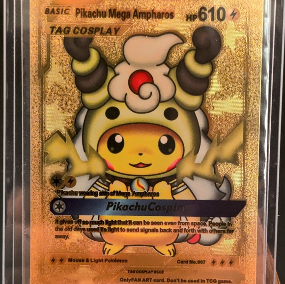 Pikachu Tag Cosplay Mega Ampharos Gold Foil FanArt Pokemon Card #007 610hp - Picture 1 of 2